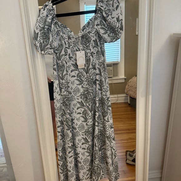 NWT green and white puff sleeve dress with side zipper and smocked back - size M - Picture 2 of 3